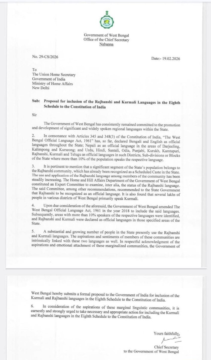 TheKudmiTimes's tweet photo. WB govt. sent a proposal to include Kurmali in the 8th Schedule a key step for linguistic dignity.Yet Kudmi ST inclusion remains pending amid CRI–Justification delays.If real development is the goal,both language recognition &amp; constitutional status need equal time-bound action. https://t.co/AxUWFoNRIp