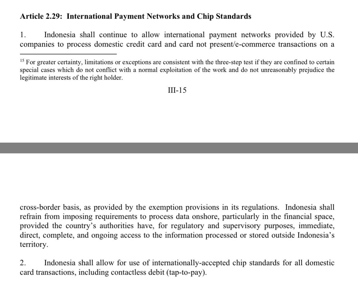 Kewajiban data storage di dalam negeri untuk payment system harus dihapus. IIRC akan bertentangan sama PBI sistem pembayaran (CMIIW)