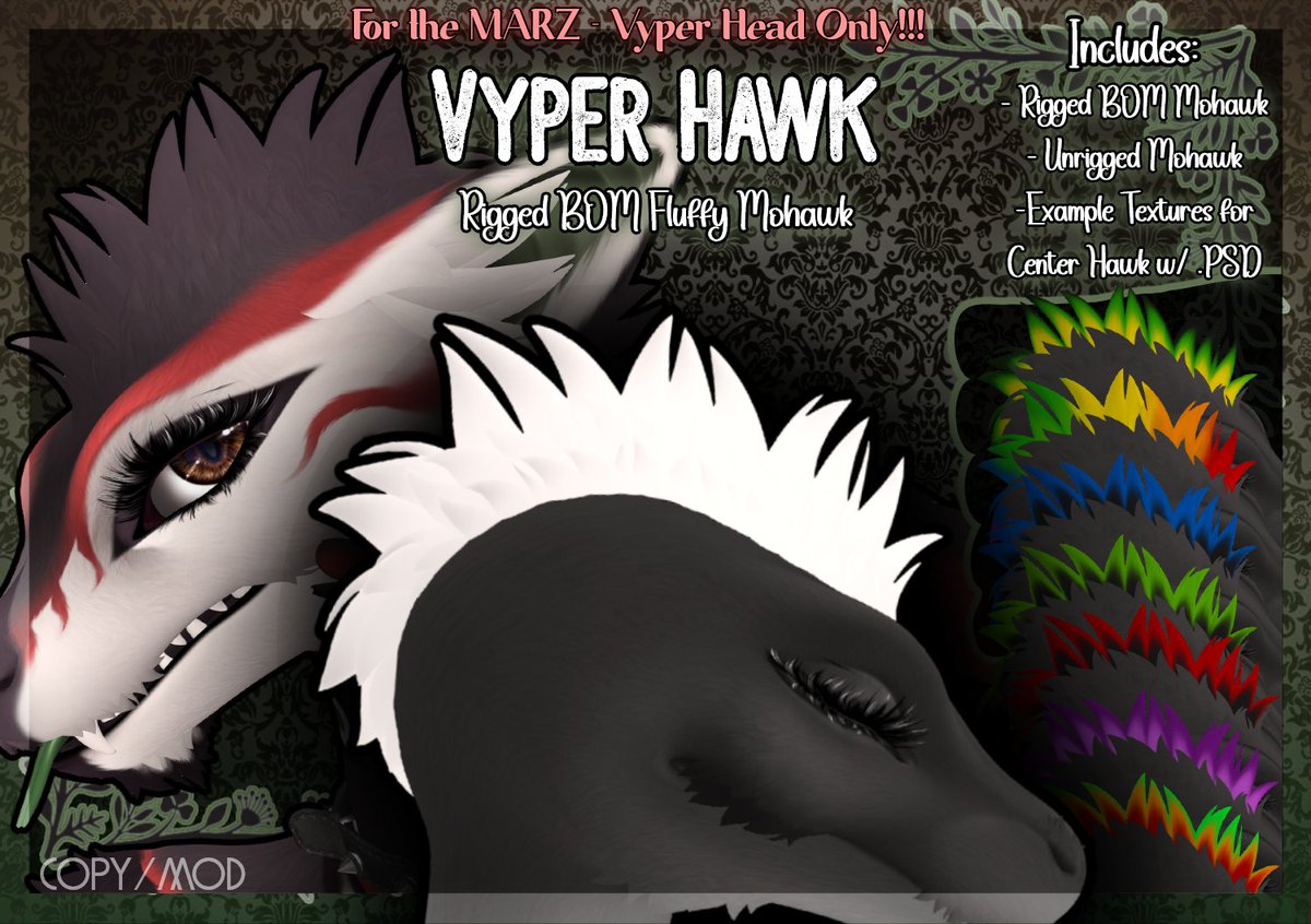Another New Product Drop!  Rigged BOM Mohawk for the MARZ Vyper Head by <a href="/Marz_secondlife/">Marz_sl</a> !

MP: marketplace.secondlife.com/p/FH-Vyper-Haw…
Inworld: maps.secondlife.com/secondlife/Gro…

#secondlife
