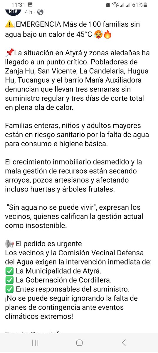 AGUA Señores! Lo más BASICO!! <a href="/PresidenciaPy/">Presidencia Paraguay</a> <a href="/mambiente_py/">Ministerio del Ambiente y Desarrollo Sostenible Py</a> <a href="/EssapSA/">Essap S.A.</a> <a href="/GobCordilleraPy/">Gobernación de Cordillera</a> !!!
AGUA!! AGUA Necesita la Gente!!
