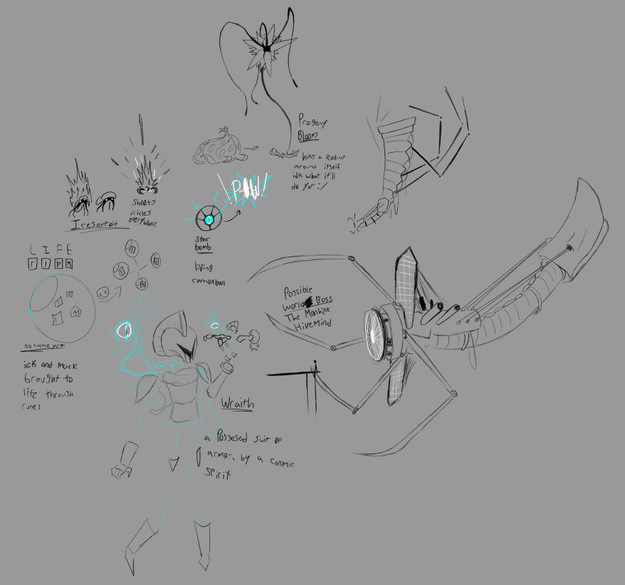 some concept ideas ive had for my game

the wraith im 100% doin, it'll be a world 1 enemy. same with the slimeball(nonameyet)
Progeny Bloom may also appear in world 1 but im not 100% sure on it yet
Star Bomb would be produced by another enemy
the machine hivemind is possible