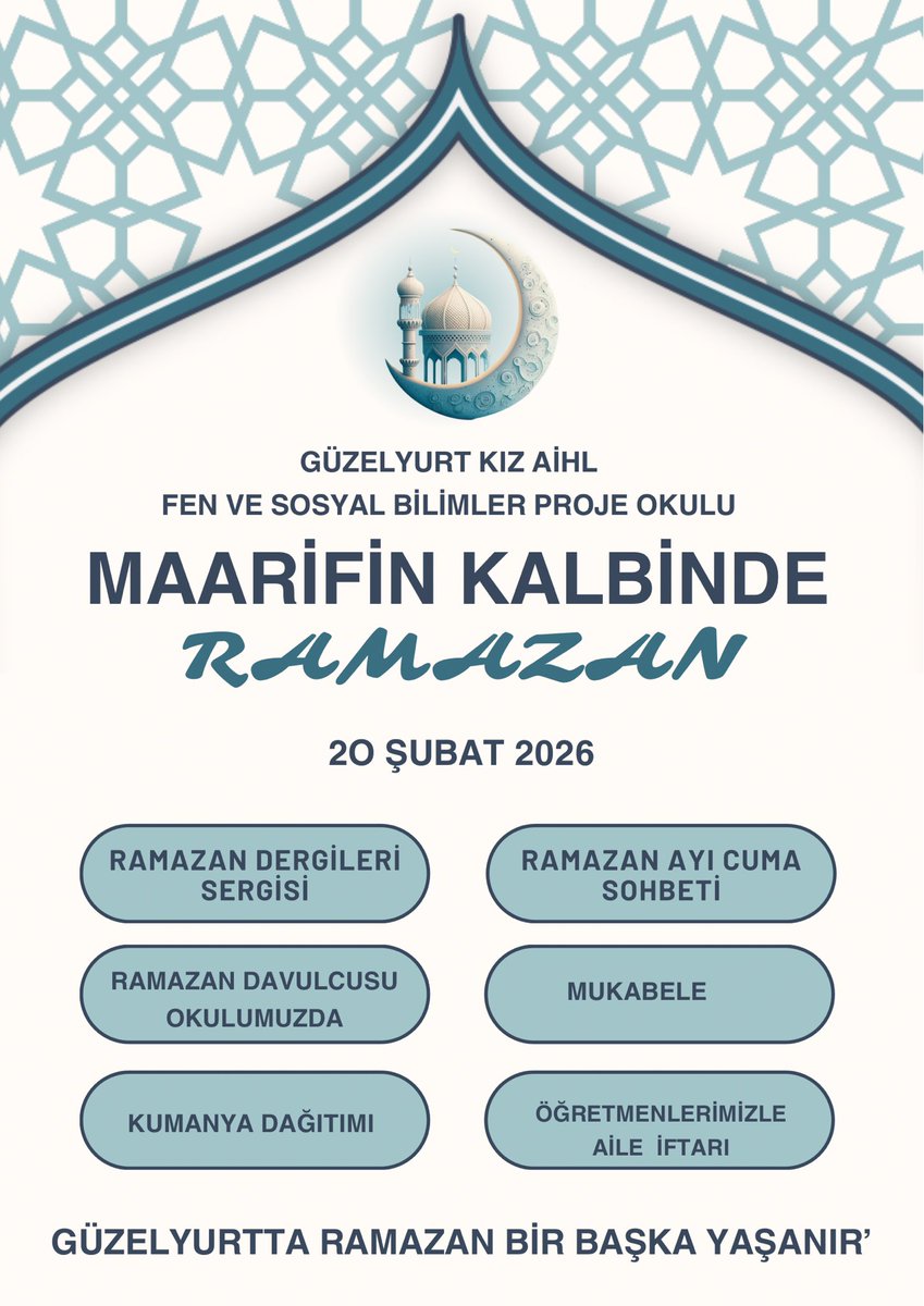 RAMAZAN AYI OKULUMUZDA BİR BAŞKA YAŞANIR…
HER GÜN ONLARCA ETKİNLİK…
MAARİFİN KALBİNDE KÖKLERDEN GELECEĞE RAMAZAN COŞKUSU…
<a href="/Yusuf__Tekin/">Yusuf Tekin</a> 
<a href="/meb_dinogretimi/">MEB Din Öğretimi Genel Müdürlüğü</a> 
<a href="/istanbulilmem/">İstanbul İl Millî Eğitim Müdürlüğü</a> 
<a href="/esenyurtmem/">Esenyurt İlçe Millî Eğitim Müdürlüğü</a>