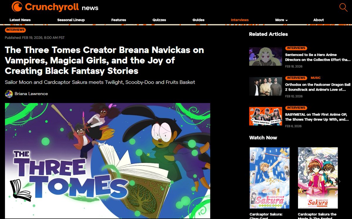 The Three Tomes was featured in a <a href="/Crunchyroll/">Crunchyroll</a> News Article. Thank you so much <a href="/BrichibiTweets/">Bri Should Be 🫠</a> for the feature and letting me chat with you about Indie Animation, Magical Girls and Black characters in fantasy. 

Support #indieanimation  #thethreetomes  #BlackHistoryMonth 
🔗below