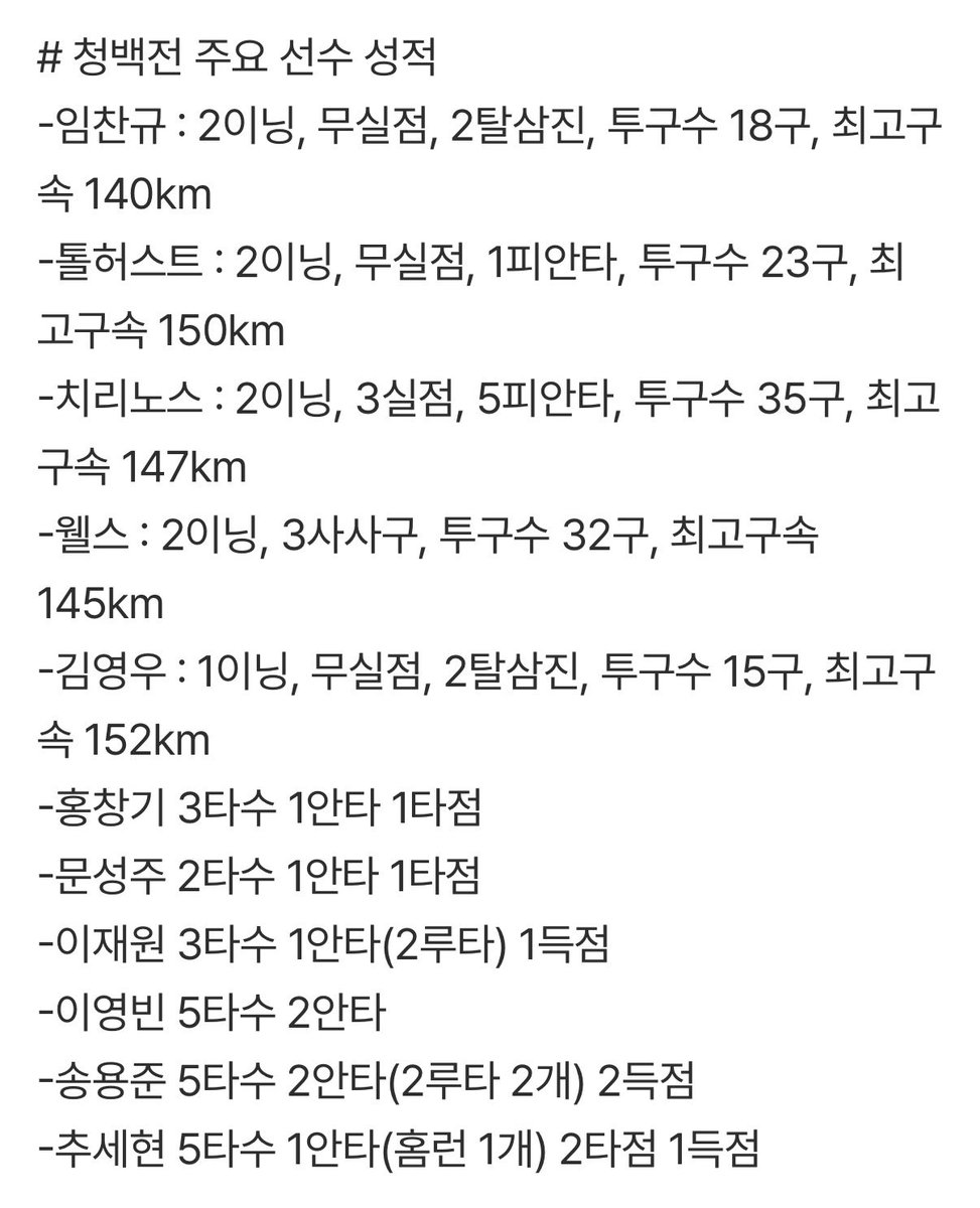 ☑️ 청백전 주요 선수 성적 !!!!