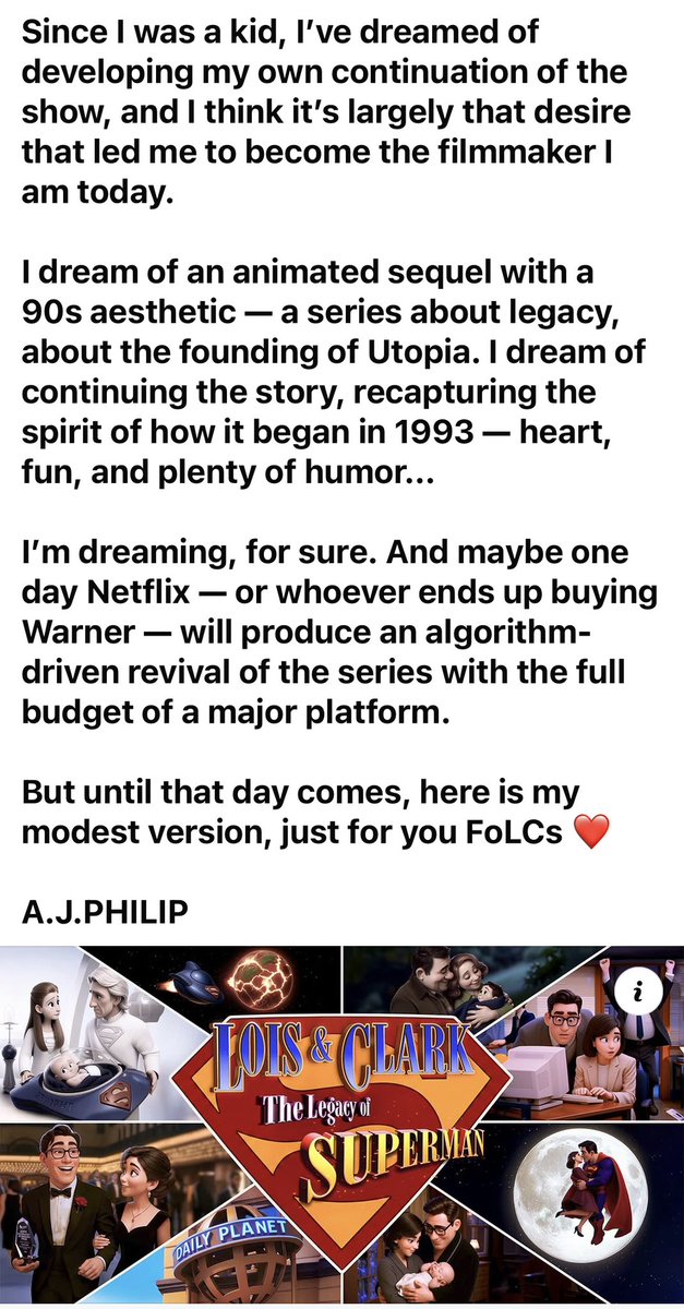 tonichiulli's tweet photo. Lois &amp; Clark: The Legacy of Superman

A super, fan-made animated creation on what the future of Lois &amp; Clark could’ve been…

A beautifully crafted story, including some well known scenes from the much loved TV series.❤️

https://t.co/0YkeBqCXKG 
Made by A.J. Philips👏🏻👏🏻👏🏻 https://t.co/A8XOYQjPFy