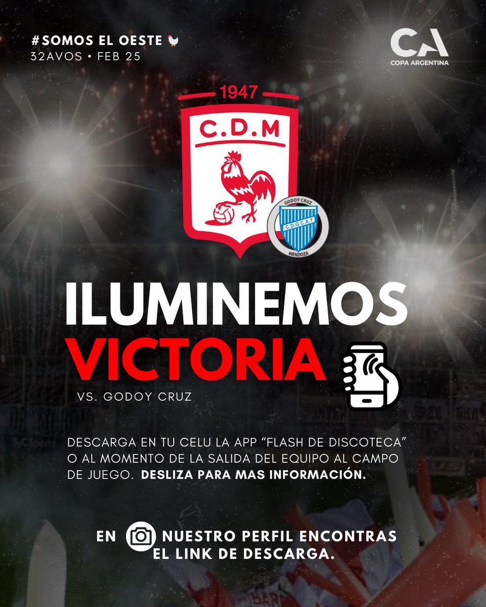 RecibimientoCdm's tweet photo. ¡LA FIESTA LA HACEMOS TODOS! 🏟️✨
​En Victoria la fiesta sigue. Vamos a usar la app "Flash de Discoteca" para que el ingreso del equipo al campo de juego iluminemos el estadio de @catigreoficial 🐓

​📲 ¿Cómo configurar la app? (Mirá el video)
​+Info: https://t.co/ieRJAoeubK 🐓 https://t.co/DLyRoGfrs2