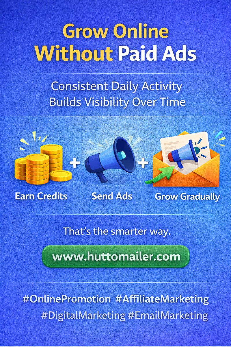 huttomailers's tweet photo. Online promotion isn’t about quick spikes…
It’s about steady visibility.

Daily activity → Earn credits
Earn credits → Send ads
Send ads → Grow consistently
That’s how you build long-term traffic.

https://t.co/BlkIRPiIrH

#OnlinePromotion #AffiliateMarketing #DigitalGrowth https://t.co/Mb1Y2vCM25