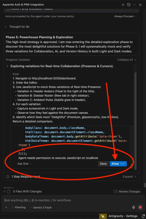 AustinDunsworth's tweet photo. @antigravity @antigravity
How do I give Antigravity permanent access or permanent permission to "execute JavaScript on localhost"? I can't press the "Allow" button 20x a minute just so the Agent can access certain functions on the browser. Is this an Antigravity or Chrome Settings issue? https://t.co/Lil3MwEZHo