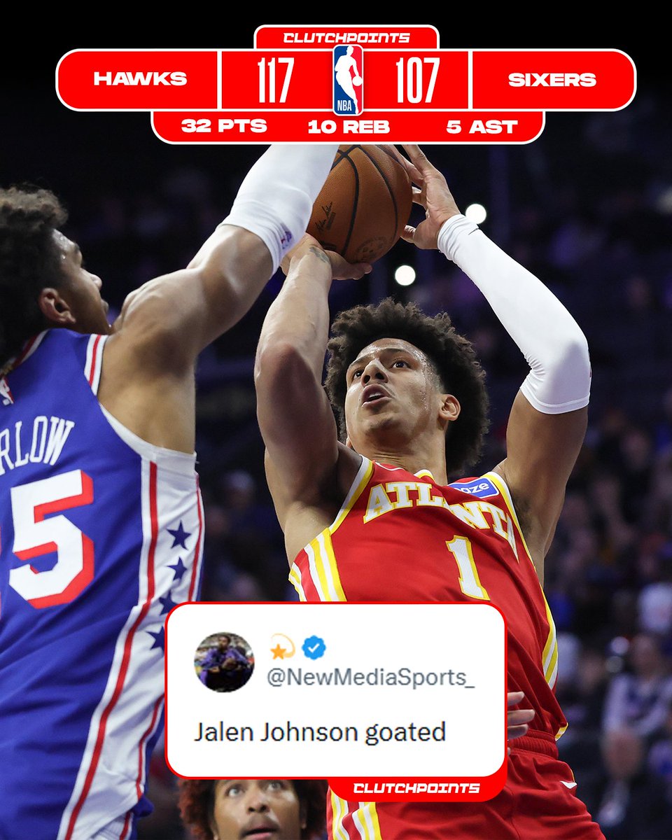 Jalen Johnson and the Hawks take down the Sixers 🍿

32 points 
10 rebounds 
5 assists 
3 steals