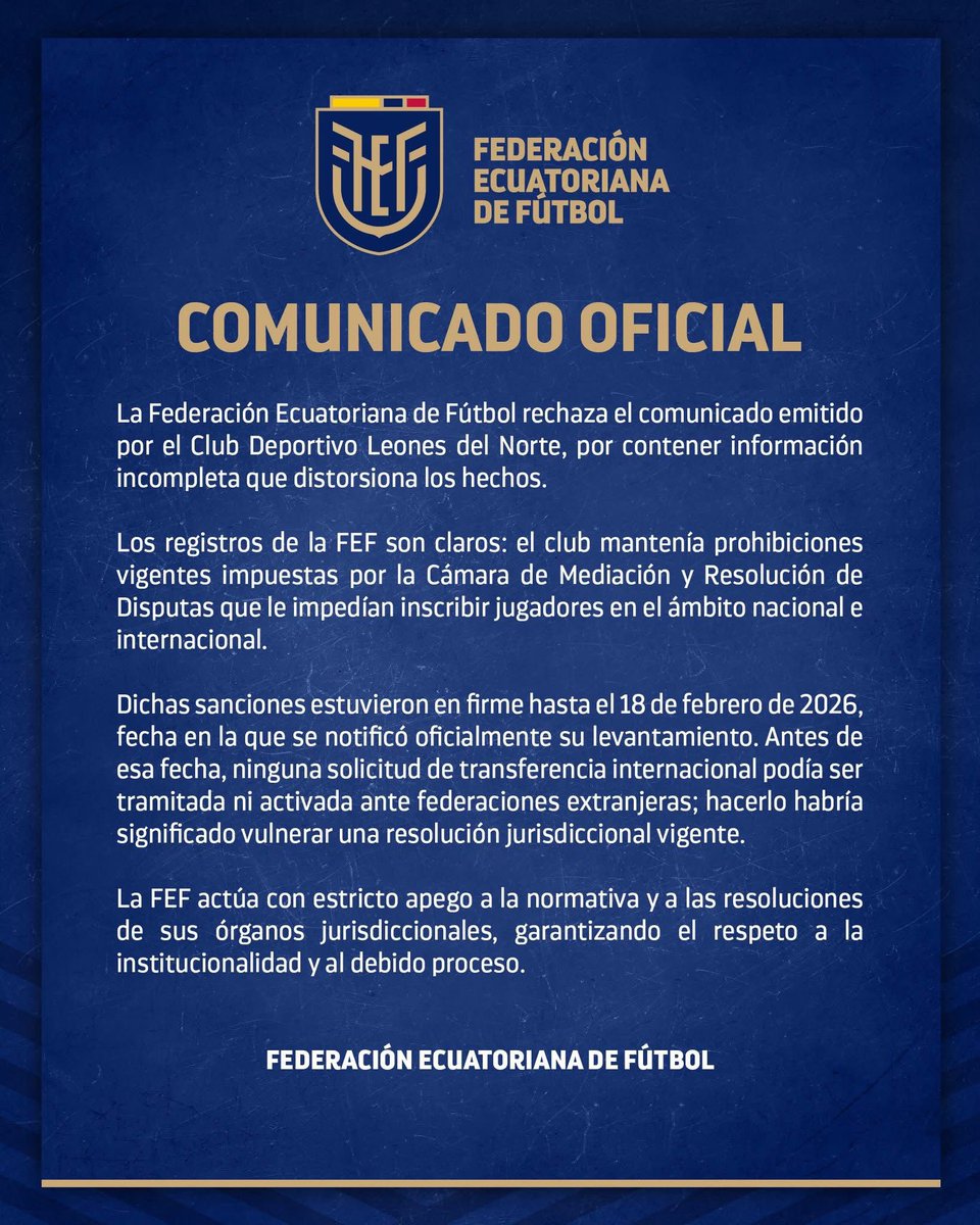 sol_deportiva's tweet photo. OTRO CAPÍTULO MÁS! @LeonesLDA denunció que no le han permitido inscribir jugadores y @FEFecuador informa que el Club habría tenido prohibiciones que fueron, previamente, notificadas https://t.co/J4yoBIg3ts