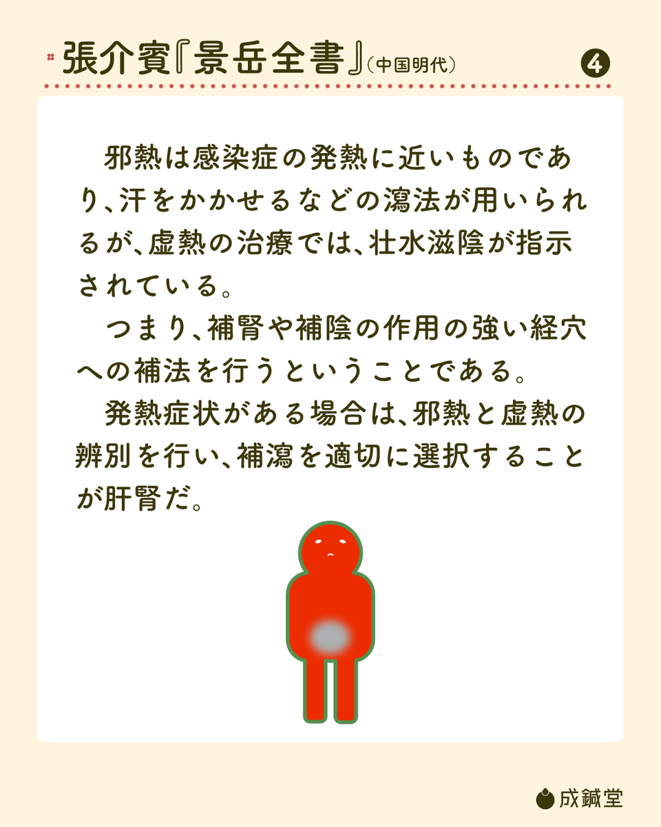 seishindo89's tweet photo. 先週に引き続き発熱についてですが、今回は瀉法に向かない熱である虚熱についての部分になります。

虚熱に対する補法のツボですと、個人的には腎兪・関元・命門など使います。
__
毎週金曜ポストの景岳全書摘要は、春から少しやる事が増えるので、今回でいったん休止します。 https://t.co/GFEDB2MiY7