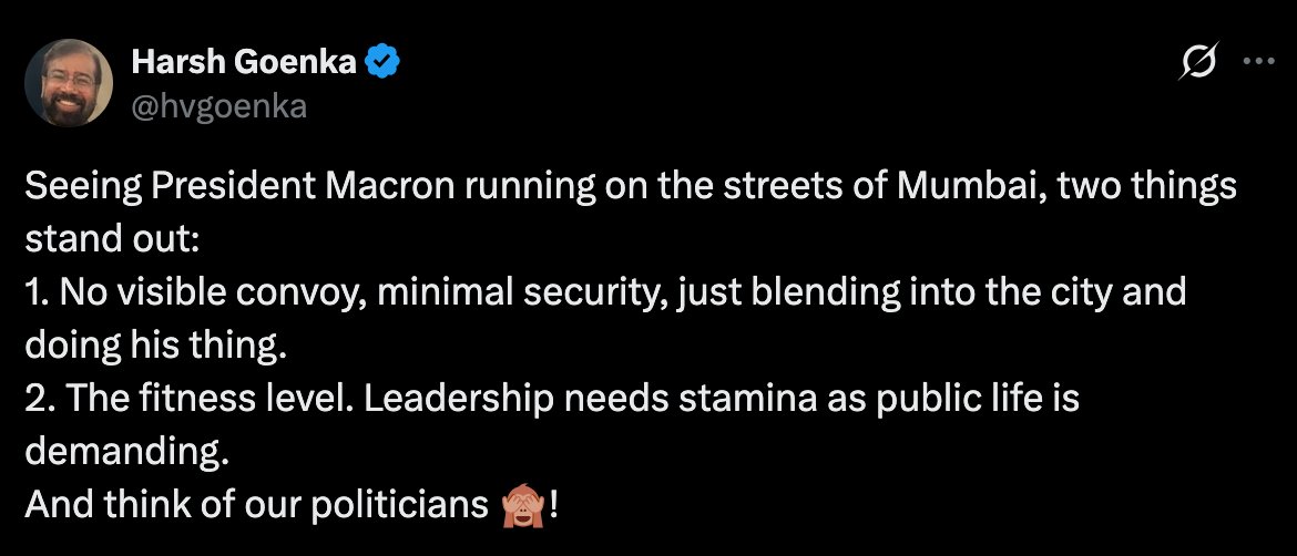 I didn't know Harsh Goenka also suffers from brown sepoy syndrome. 

We are always so eager to mock ourselves and our country using some foreign example even when the evidence is otherwise. 

Like for example, go on a frenzy claiming "Only in USA, a woman can be vice president"