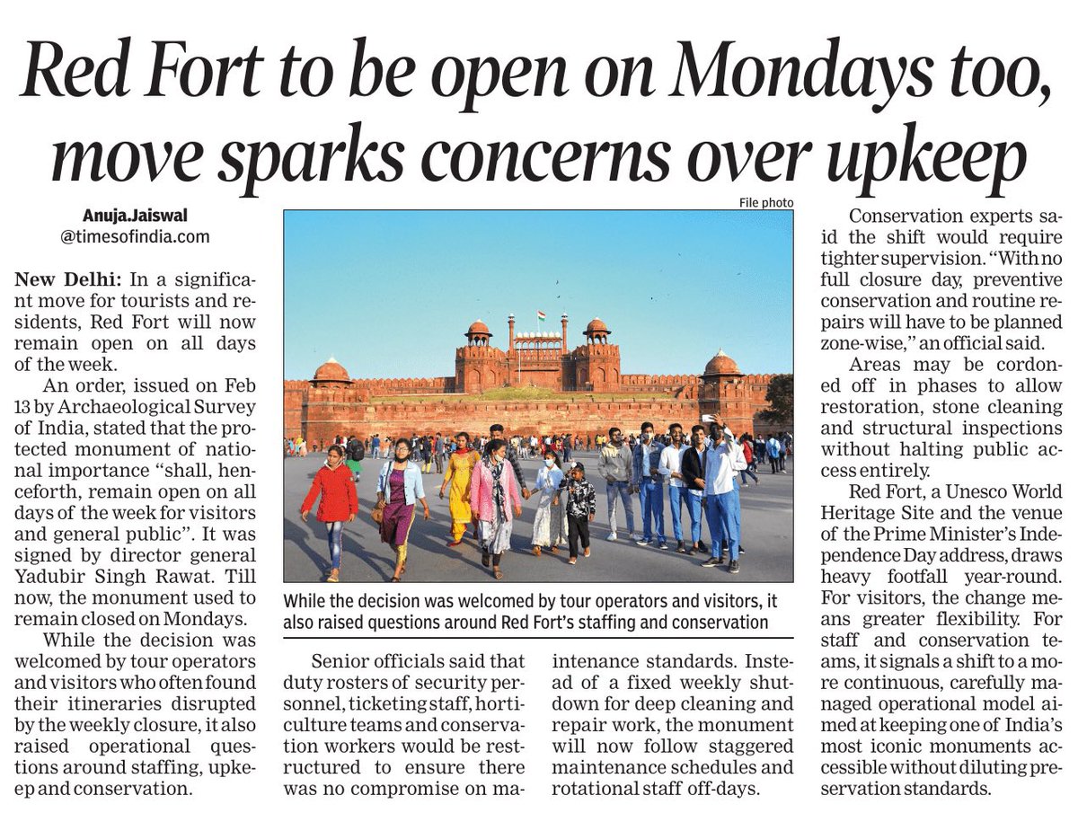AnujaJaiswalTOI's tweet photo. In a significant move for tourists and residents, the Archaeological Survey of India has ordered that the #RedFort will now remain open on #alldays of the week, ending its long-standing Monday closure. @ASIGoI @timesofindia https://t.co/UyShayDhP1