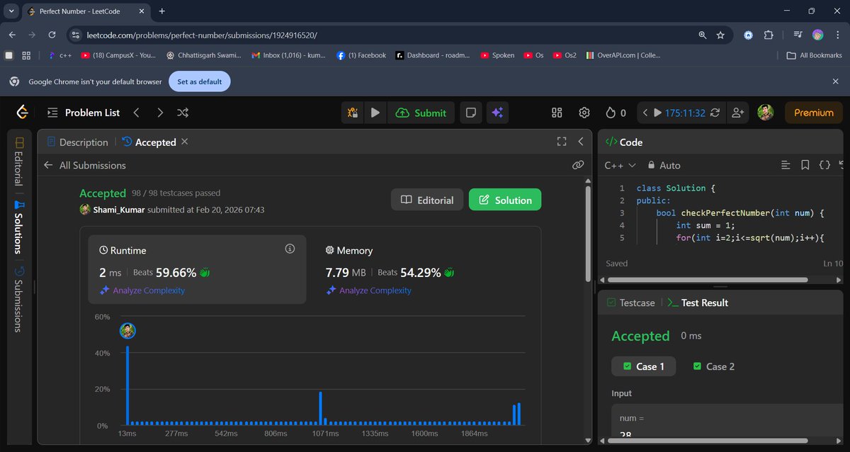 Shami_Kumar1's tweet photo. Day 44 🔥
LeetCode 507 – Perfect Number ✅
Optimized till √n. No brute force.
98/98 passed
2 ms ⚡
Not here to participate.
Here to dominate placements & internships. 🎯
#100DaysOfCode #LeetCode #DSA #CPlusPlus #SDEIntern #InterviewPrep https://t.co/2tczJSKud2