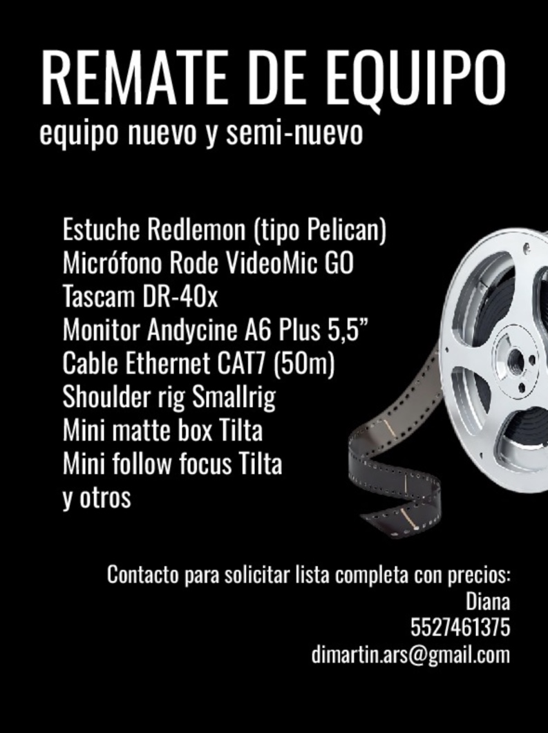 📷 REMATE DE EQUIPO – nuevo y semi-nuevo
Equipo cinematográfico disponible: audio, monitoreo y accesorios para producción audiovisual.
📷 Lista completa y precios:
Diana
📷 55 2746 1375
📷 dimartin.ars@gmail.com
#Equipodecine #producciónaudiovisual