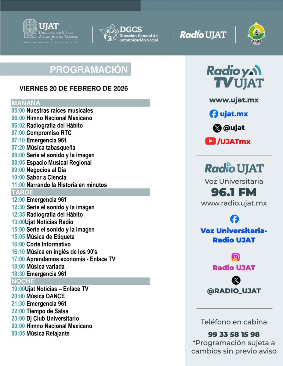 📻 ¡Conéctate este viernes a Radio UJAT 96.1 FM!
Información, cultura y la mejor música durante todo el día. 🎶✨
#RadioUJAT #VozUniversitaria #SomosUJAT