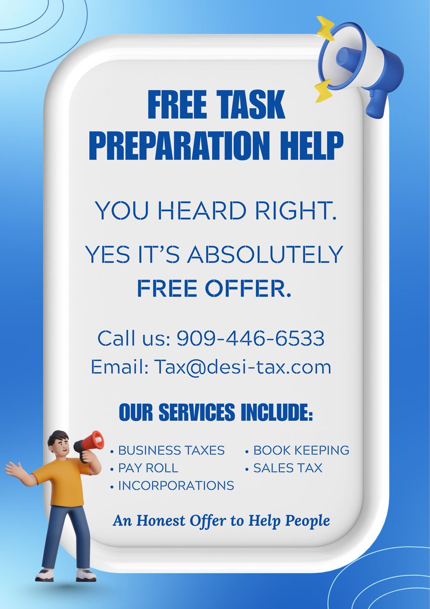 desitax's tweet photo. FREE Tax Preparation Help – Yes, it’s absolutely FREE!

File stress-free with Desi Tax Service. We assist with Business Taxes, Bookkeeping, Payroll, Sales Tax &amp; Incorporations.

📲 909-446-6533 
📩 Tax@desi-tax.com

Don’t wait—message us today! 

#TaxPreparation #FreeTaxHelp https://t.co/MB2UYtLk6U