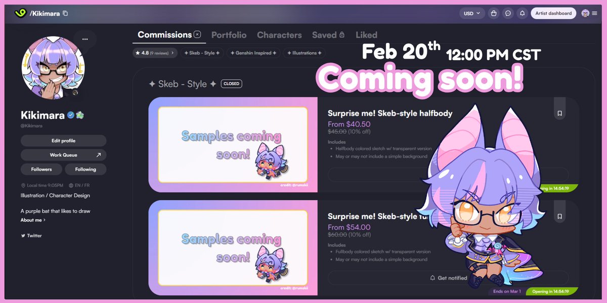 It's been a long time coming...but it's finally here!

Comms will be opening tomorrow at 12pm CST! Two slots per comm style will be available, with a waitlist 

There is a countdown feature on the site, so you will know the exact moment it opens 💜