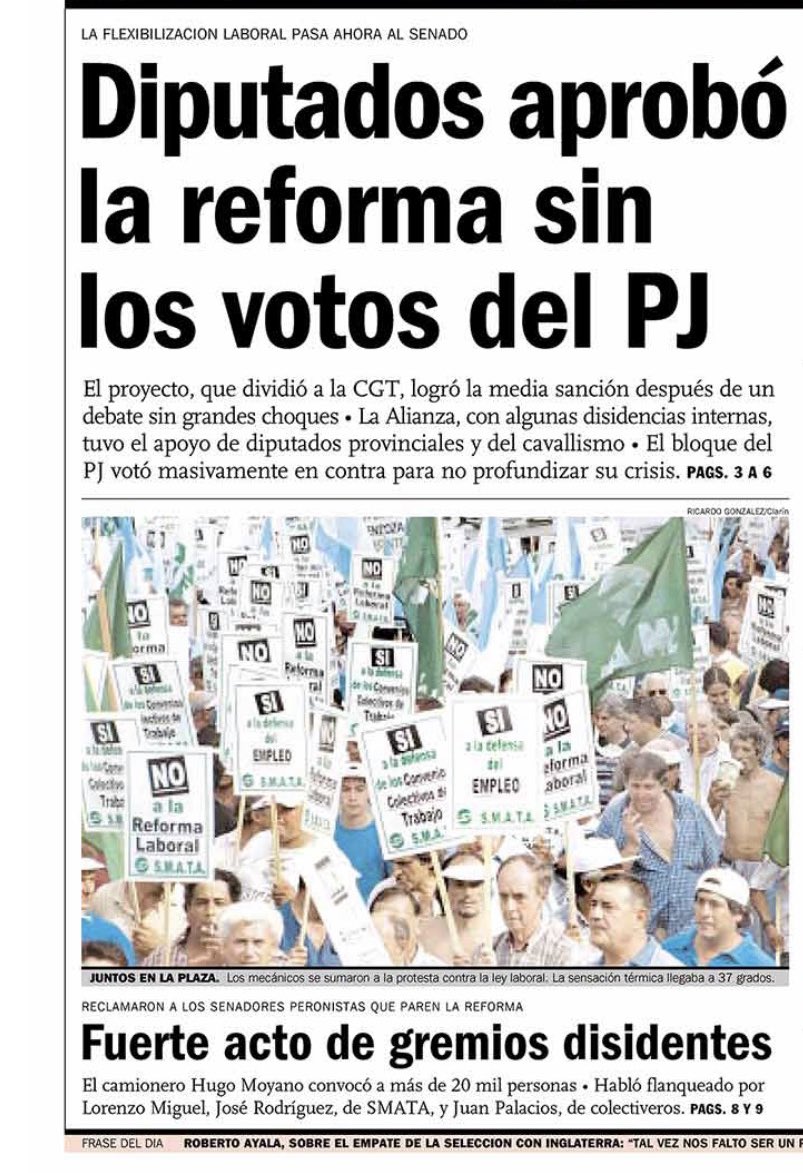 Hace 26 años casi exactos, De la Rúa conseguía la reforma laboral más dura hasta Milei. 

- Pactó con un jefe cegetista de apellido Daer. 😏
- Se plegaron unos pocos peronistas. 😒
- Un Menem, Adrián, hermano de Martín, votó en contra. 😮
- Provinciales casi todos a favor. 🥟🥟🥟