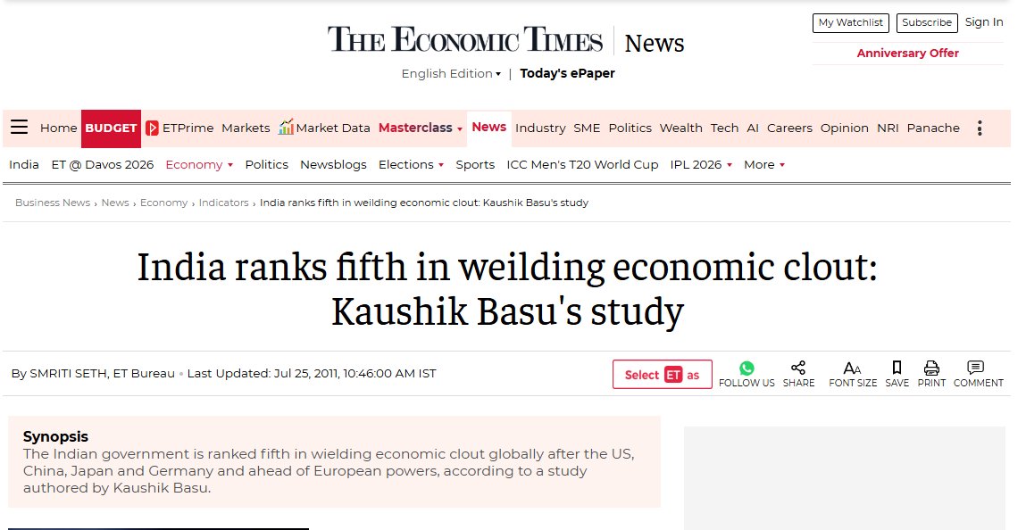 In 2011, Dr. Singh was feeling bad

India was still stuck as 10th largest economy

So Chief Econ Adviser Kaushik Basu came up with new measure called Govt Economic Power (GEP) in place of GDP

And Basu gave India global 5th rank in GEP

Dr. Singh was proud.