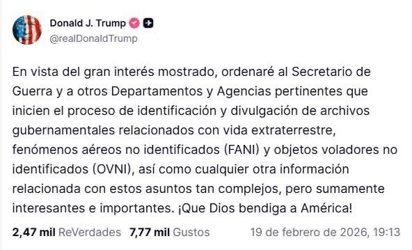 “Extraterrestres”

Porque Donald Trump anunció que publicará archivos extraterrestres.
