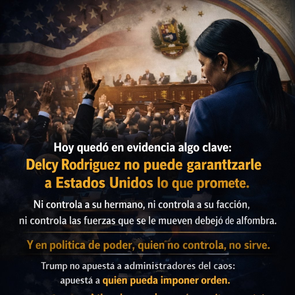 Hoy quedó en evidencia algo clave: <a href="/delcyrodriguezv/">Delcy Rodríguez</a> no puede garantizarle a Estados Unidos lo que promete.
Ni controla a su hermano, ni controla a su facción, ni controla las fuerzas que se le mueven debajo de la alfombra.
Y en política de poder, quien no controla, no sirve.