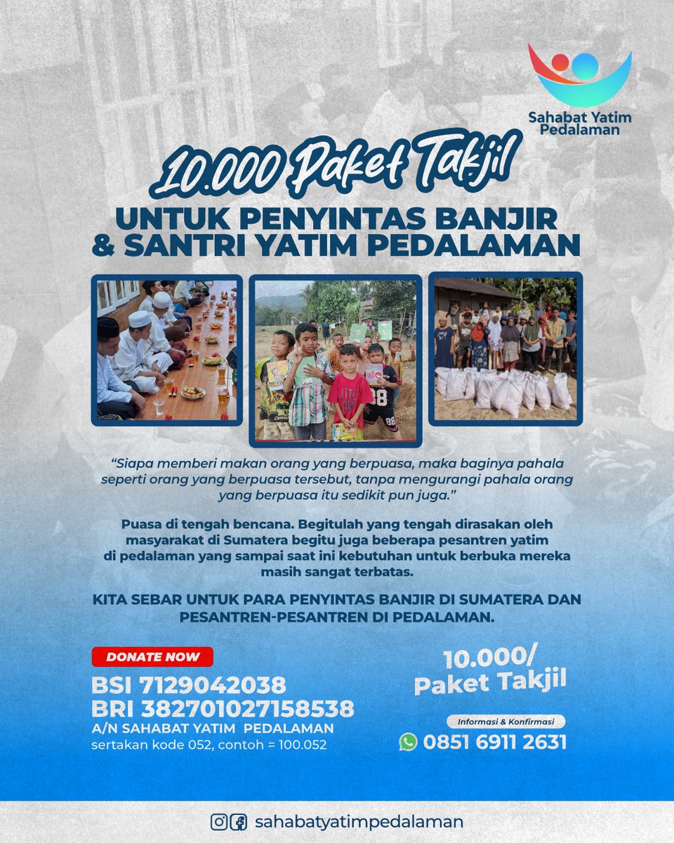 ArbiahLubis's tweet photo. Hingga saat ini 15 orang dermawan sudah ikut terlibat patungan dan terkumpul masih untuk kebutuhan 295 paket takjil buka puasa.

Kita hajatkan yaa teman-teman bisa ikut memberikan paket takjil buka puasa untuk para penyintas bencana dan juga santri yatim di pesantren pedalaman 🤲 https://t.co/3nprs6SK0E