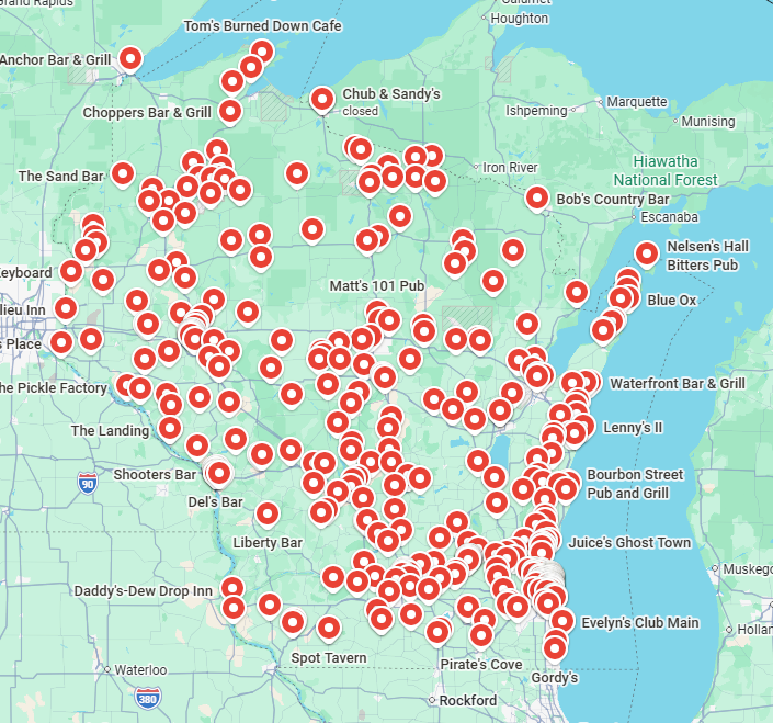 DivesOfWI's tweet image. Every bar that Dives of Wisconsin has made an individual post about since 2020. If you live in one of the "barless zones," send me your favorite dive! I want to fill this map up!