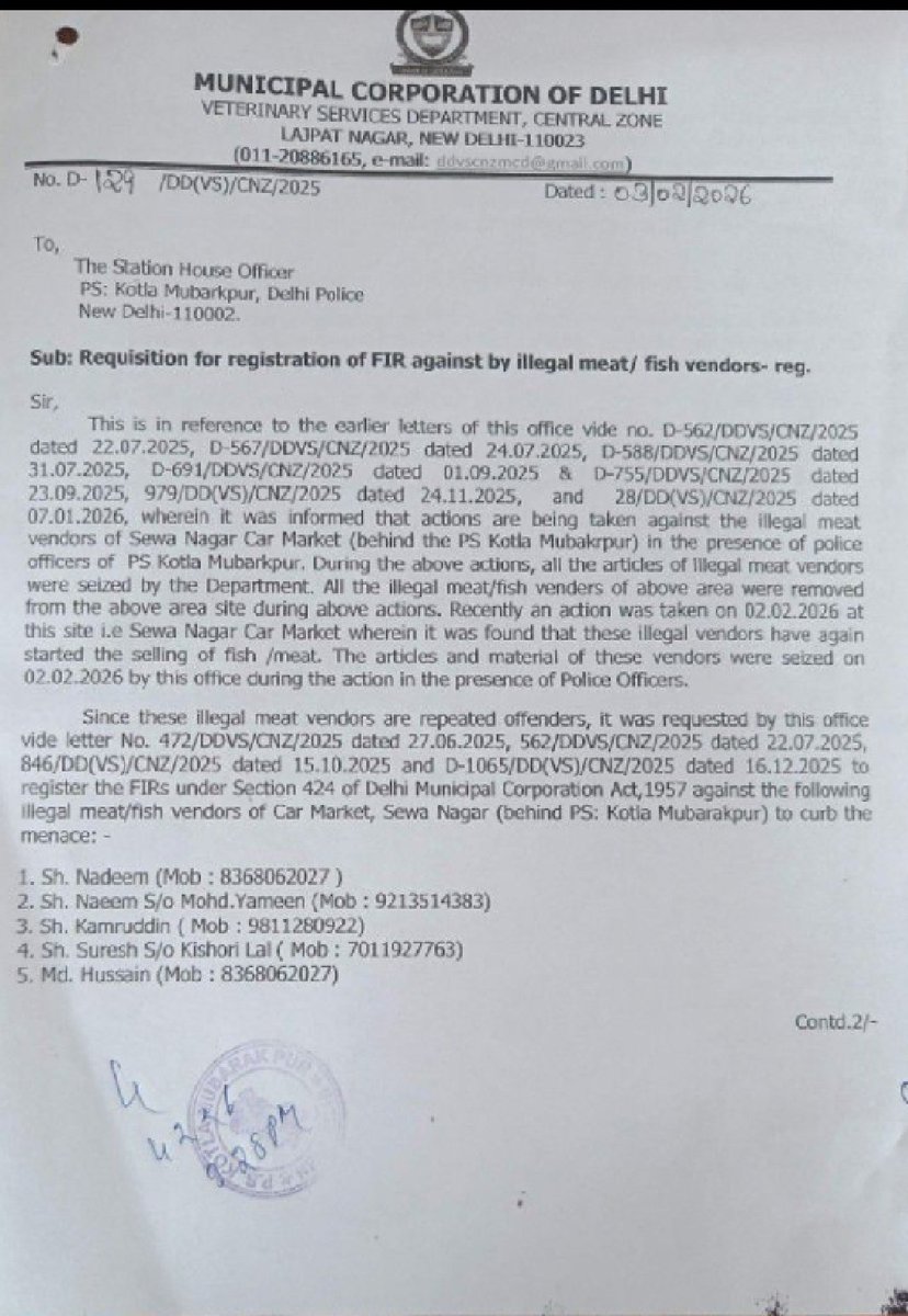 VineyYadav19412's tweet image. @MCD_Delhi Sewa Nagar Car Market Kotla Mubarakpur में अवैध चिकन/मछली विक्रेताओं का कब्जा! @MCD_Delhi वेटरनरी विभाग ने पत्र D-129/DD(VS)/CNZ/2025 में इन्हें 'Repeated Offenders' माना है। @DCCNZMCD जी, फुटपाथ कब खाली होंगे? @LtGovDelhi जी, कृपया दखल दें @CMODelhi

#MCDAction