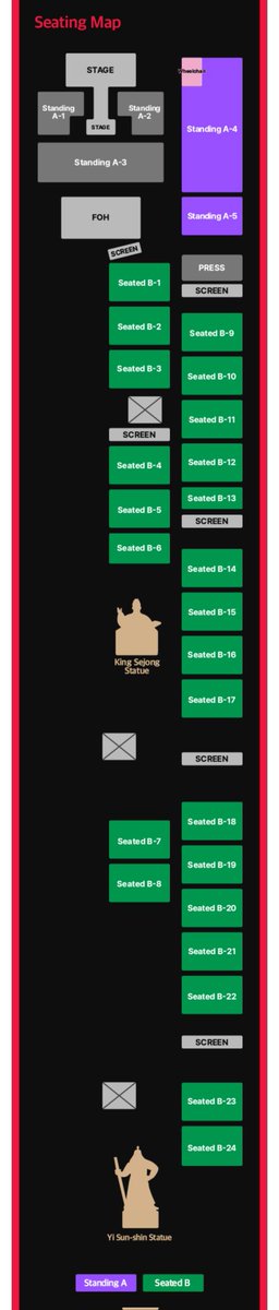 gambaran sepanjang apa stage bangtan nanti di tgl 21 Maret😭walaupun posisi kita jauh dr stage disedian 6 screen.

(❤️) : patung raja Sejong
(👍) : patung laksamana Yi Sun Shin