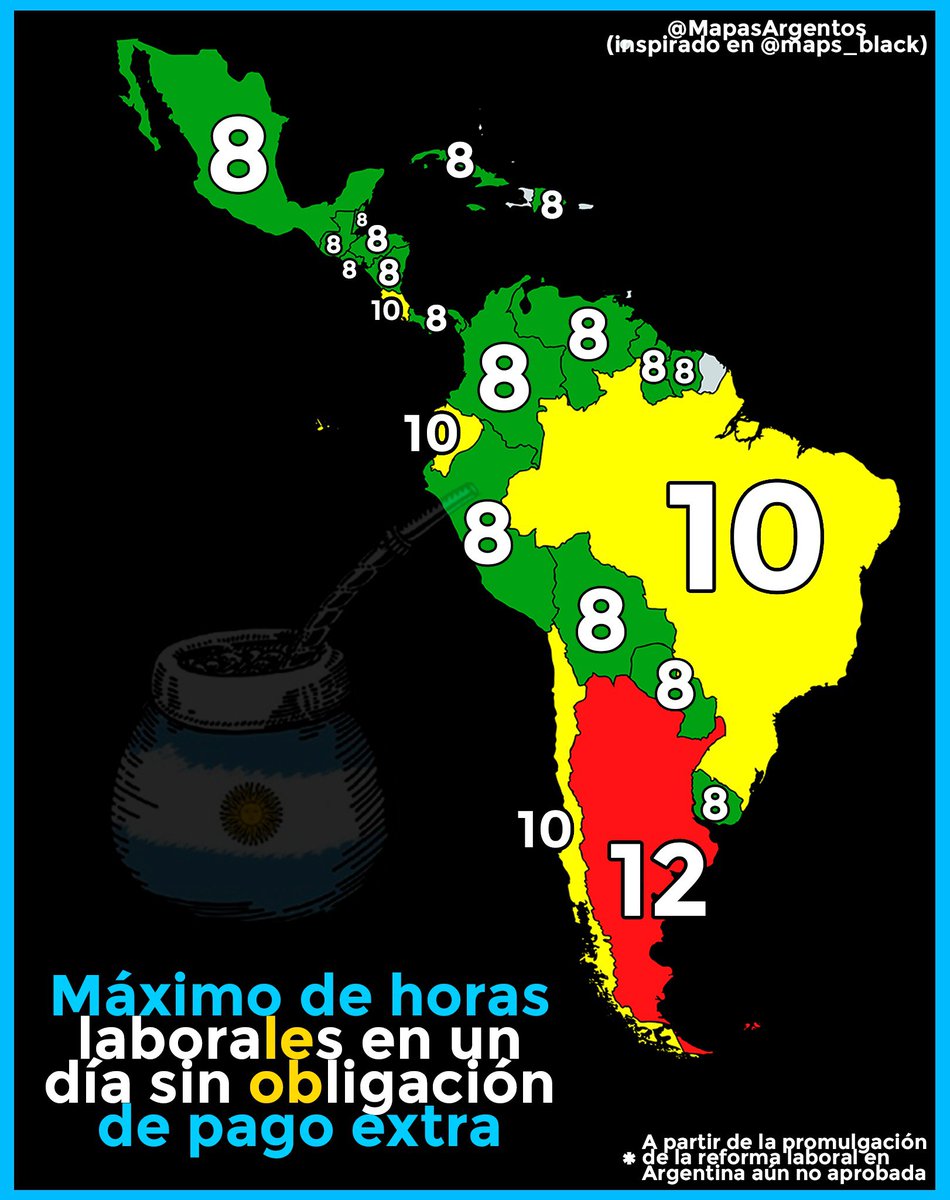MapasArgentos's tweet image. Máximo de horas laborales en un mismo día sin obligación de pago extra (a partir de que se apruebe la reforma laboral en Argentina)