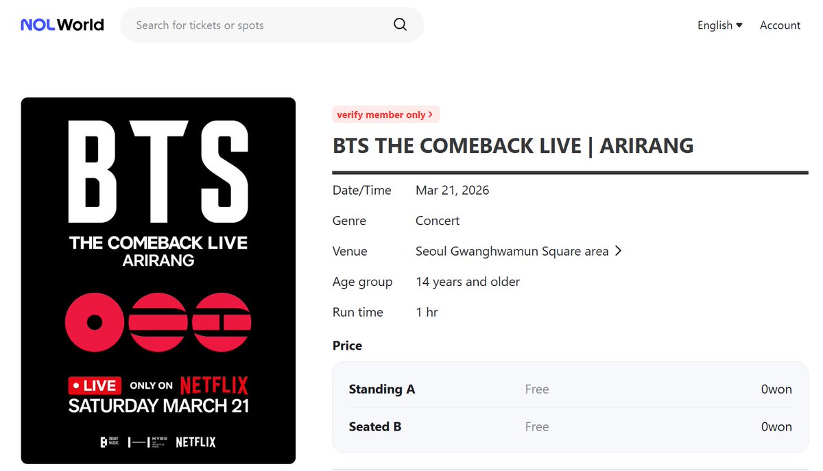 BTS THE COMEBACK LIVE | ARIRANG 
ขึ้นในเว็บเเล้วใครที่ยังไม่ลงทะเบียนยืนยันตัวตน
ต้องทำก่อนนะ ไม่งั้นกดบัตรไม่ได้ (ผู้มี Passport)

world.nol.com/en/ticket/genr…