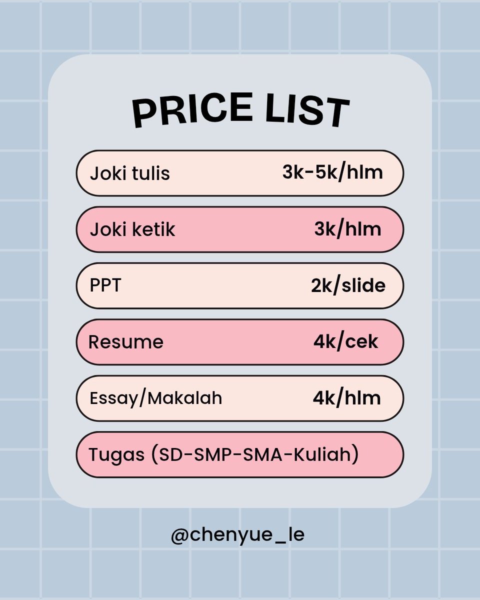 chenyue_le's tweet photo. 𐔌 OPEN JOKI TUGAS ,, 🍒— 𝝑𝝔  ꒱

🍒 Tugas (SD - SMP - SMA) 
🍒 Essay/Makalah
🍒 Resume
🍒 cek turnitin
🍒 PPT
🍒 Joki tulis/ketik

1000% trusted, cepat, dan murah🎉
Payment di akhir, langsung chat ke https://t.co/GgQG9BqJq6……

#jokitugas #jokitugasmurah  #zonauang https://t.co/3ulQ3RET4o