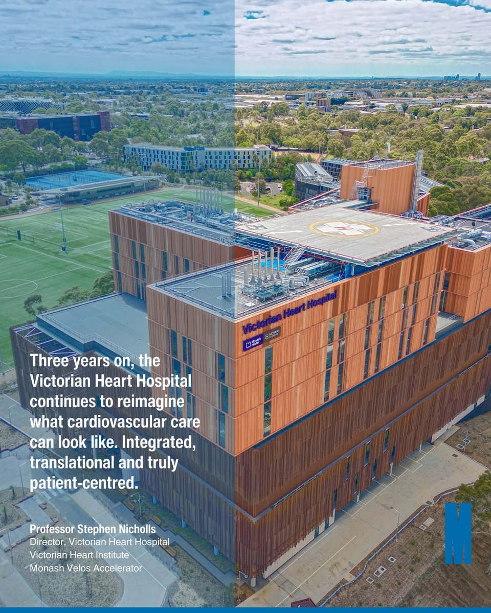 MonashVHI's tweet photo. Three years of the Victorian Heart Hospital 🧡

VHH opened with a bold vision: patient-centred care, research embedded in practice, prevention, innovation &amp; education at the core.

Today that vision continues to guide us. https://t.co/en2JS6sqwZ