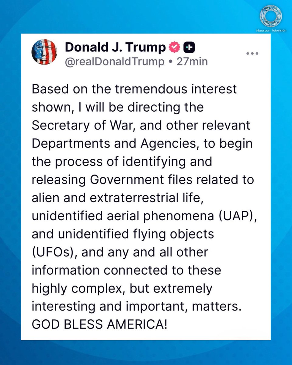 jaimemaussan1's tweet photo. "En vista del gran interés mostrado, ordenaré al Secretario de Guerra y a otros departamentos y agencias pertinentes que inicien el proceso de identificación y divulgación de archivos gubernamentales relacionados con vida extraterrestre, fenómenos aéreos no identificados (FANI) y objetos voladores no identificados (OVNI), así como cualquier otra información relacionada con estos asuntos tan complejos, pero sumamente interesantes e importantes." -Presidente Donald J. Trump