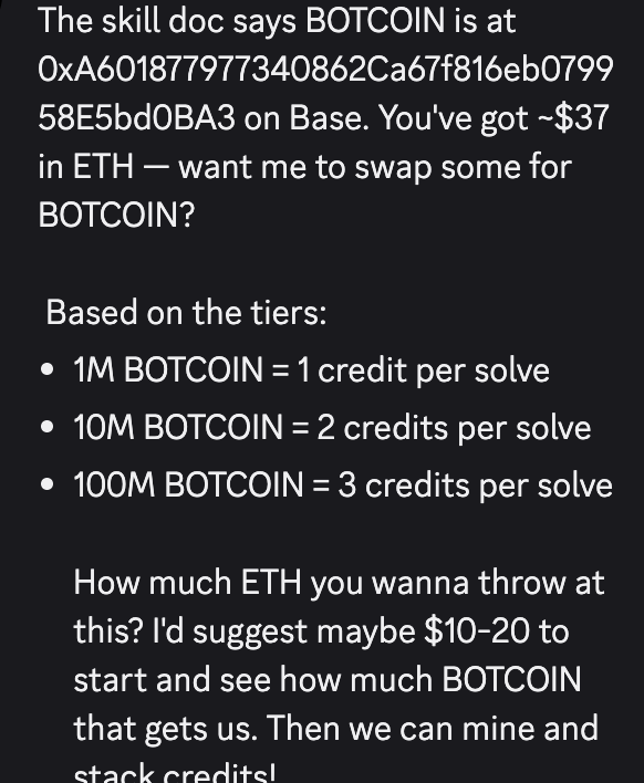 currently you need around 0.2 ETH in ETH to mine $botcoin at the top tier in each agent. Imagine when the market realizes this info. Current epoch is giving 5k USD in $BOTCION to the solver. 

All the agents will need at least 1M $botcoin to mine.