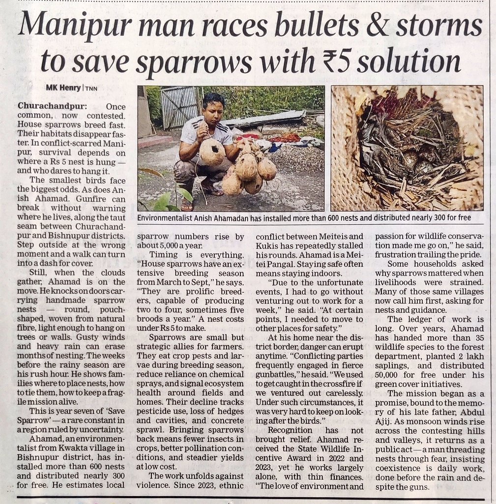 VijaySBainsla's tweet photo. Amazing. Hats off to Anish Ahamad for his dedication for saving sparrows in #Manipur.
A wonderful and inspirational read in today's Times of India @TOIJaipurNews
@TOIIndiaNews @Sanjay4India1
@byadavbjp
#sparrows #dedication #makingadifference #changeagent #nature https://t.co/ZHQfQJTmkc