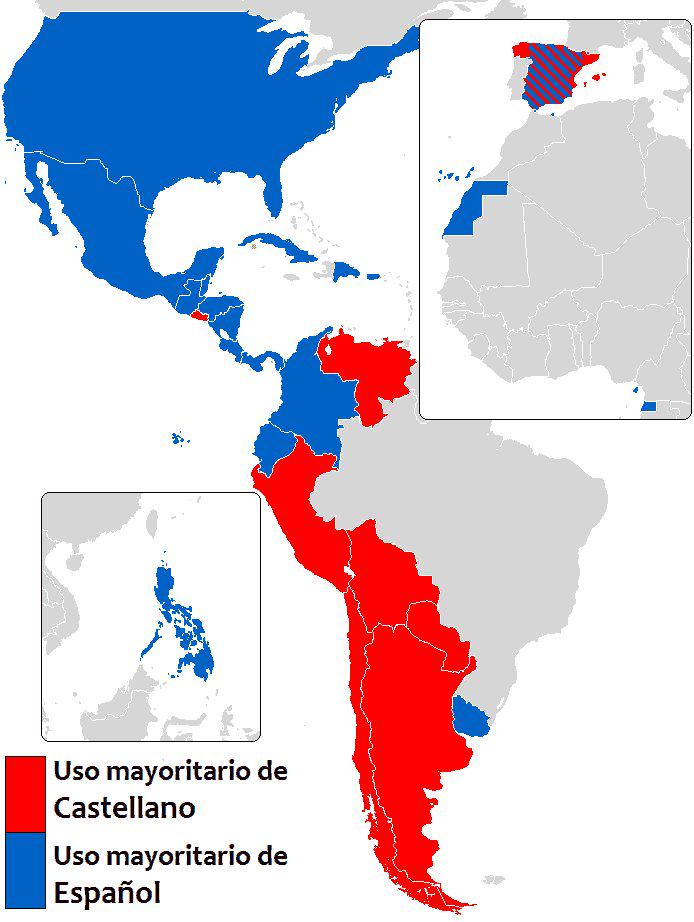 This map shows where Spanish speakers call their language "Español" and where they call it "Castellano". It says the *majority" of people in any particular country, so I'm sure some people will disagree.