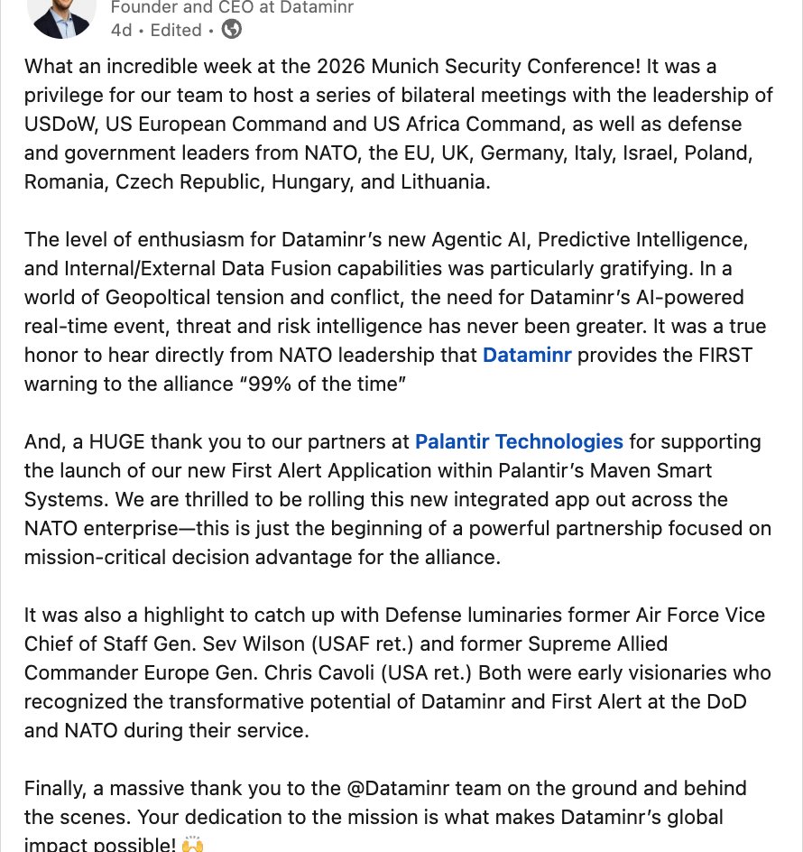 "HUGE thank you to our partners at Palantir $PLTR Technologies for supporting the launch of our new First Alert Application within Palantir’s Maven Smart Systems. We are thrilled to be rolling this new integrated app out across the NATO enterprise—this is just the beginning of a