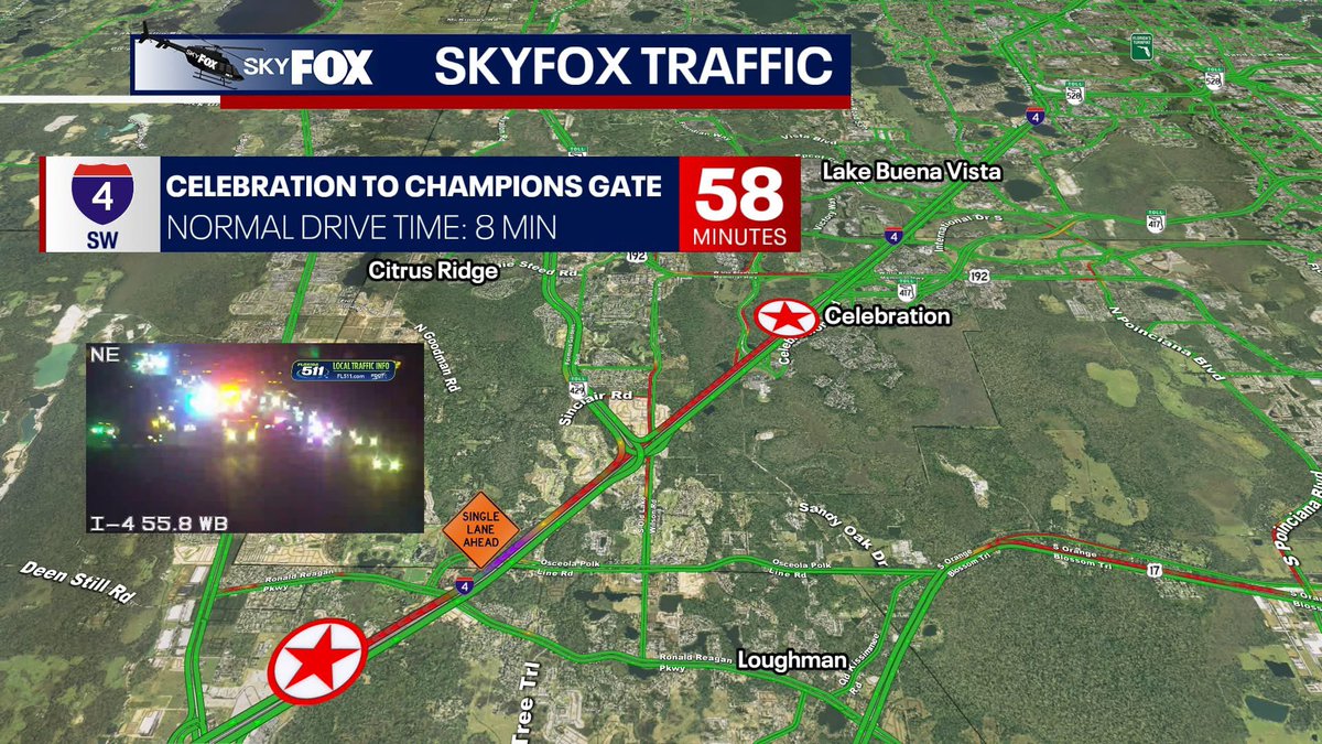 NbergWX's tweet photo. MAJOR traffic headache in the Orlando area from Celebration from Champions Gate with a road depression that developed. Hours long backup for the west bound I-4 lanes towards Lakeland/Tampa. Will linger well into the night. @fox35orlando https://t.co/hA5FNcHxQj