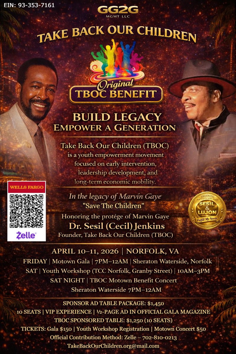 #TBOC RSVP and Sponsorship now LIVE!! Take Back Our Children initiatives start in Norfolk, VA starting April 10th tap in 🔗 if you can't attend to donate scan the QR code or text TBOC to 53555
eventbrite.com/e/tboc-motown-…