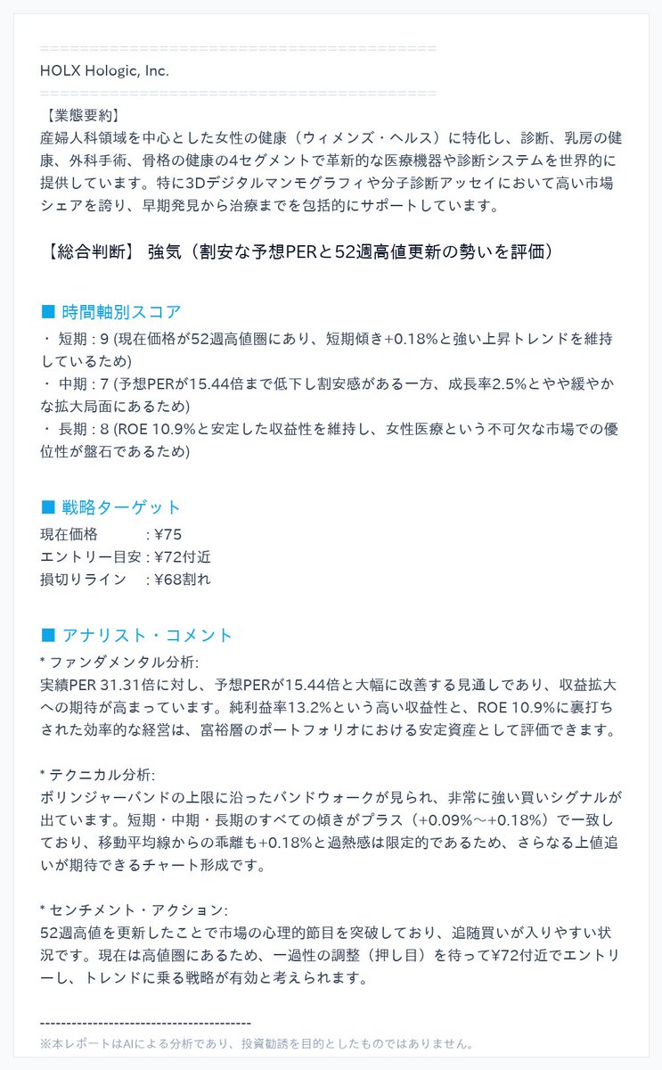 kaedemaru011's tweet image. 【Hologic, Inc.】
カルマンフィルタは全期間でプラスの傾きを示し強気です。現在は52週高値圏に位置するため、ボリンジャーバンド上限付近での過熱感による一時的な調整売りのリスクに留意が必要です。
#株 #米国株 #Hologic,Inc.