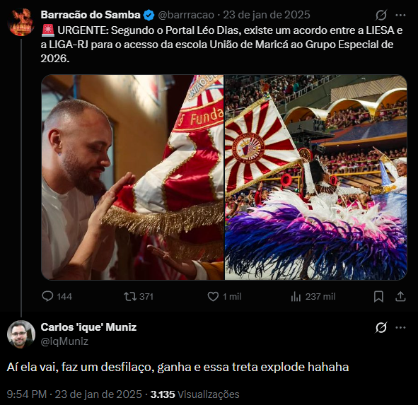 Ih rapaz! E deu isso aqui hein? E agora <a href="/barrracao/">Barracão do Samba</a> ? E agora, povo do samba? #Carnaval #ligarj #liesa