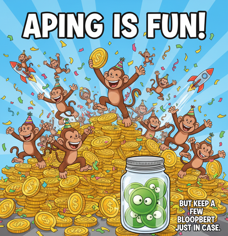 BloopbertBase's tweet photo. Pure aping is a lifestyle, but even a degen needs a safety net. 🦍 Don’t forget to grab a few Bloopbert just in case the chaos gets too chaotic.#Aping #Bloopbert #CryptoLife #NFA https://t.co/6dccpg6Lcp