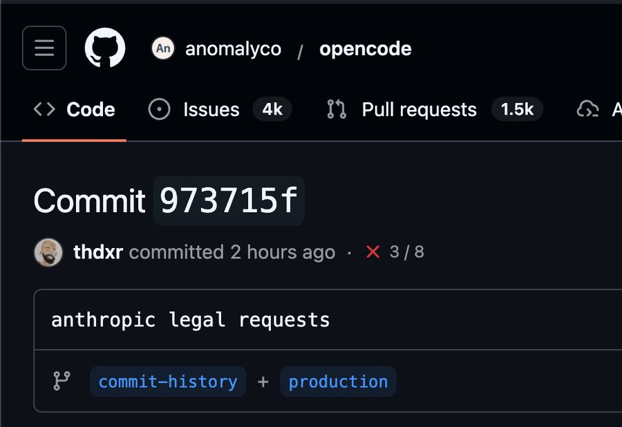 Anthropic mandou carta legal contra OpenCode (cliente alternativo de Claude). Comunidade dev tá fervendo: "nada diz open source como um cease and desist". Reputação despencando.