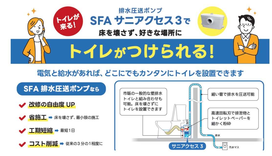 SHSPJ_official's tweet photo. こんにちは！プカ太郎だよ！
プロジェクト活動とヒートショック情報を提供するほかに、対策に役立つ商品やアイディアなど、具体的なソリューションも提案している協賛企業の皆さんをどんどん紹介していくよ！
／
今日はSFA Japan 株式会社さん！
＼
SFA Japanの発想力とシンプルな技術で、寒い廊下に出なくても快適。トイレをお部屋の中や隣に設置でき、最小限の生活範囲であたたかく過ごせる”Care & Comfort”な暮らしを叶えます。唯一無二の小型排水圧送ポンプユニットを使えば、最短1日の工事（30万円～）で水洗トイレを増設することが可能になります。

#ヒートショック対策 #SFAJapan
#ヒートショック　#プカ太郎　#あったかパートナーズ紹介2025_26