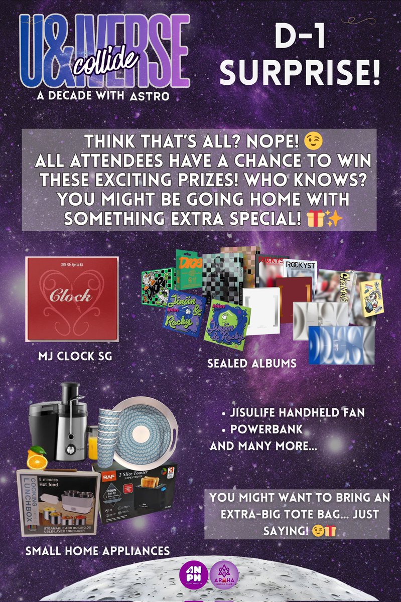 U&amp;iverse Collide CSE D-1!

Guess what?
📸 FREE photobooth
🎟️ Raffles
🍀 Lucky draw

Might as well bring your extra big tote bag… just saying 🤭

See you tomorrow at 1PM! 💜

#UandIverseCollide #ASTRO