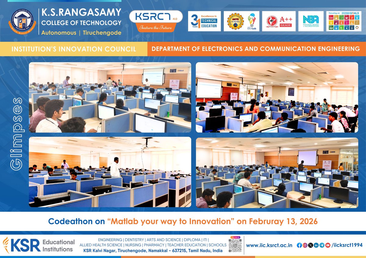 iicksrct1994's tweet photo. ECE, KSRCT, under the Institution’s Innovation Council (IIC), successfully organized a Codeathon titled “Matlab – Your Way to Innovation” on February 13, 2026

#iicksrct1994 #ksrct1994 #ksr #ksrei #KSRCT #IIC #Innovation #ECE #Codeathon #MATLAB #TechForImpact #StudentDevelopment https://t.co/B23CVFgqKP