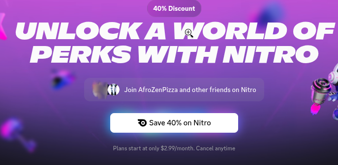 AfroZenPizza's tweet photo. Hey @discord! Why don't y'all fuck off using me to advertise to my friends. I cancelled Nitro, and I'm more than happy to let everyone know it.

What perks does someone get with Nitro? The world class benefit of having their data mined? Having to prove their identity? https://t.co/IQomked6wn
