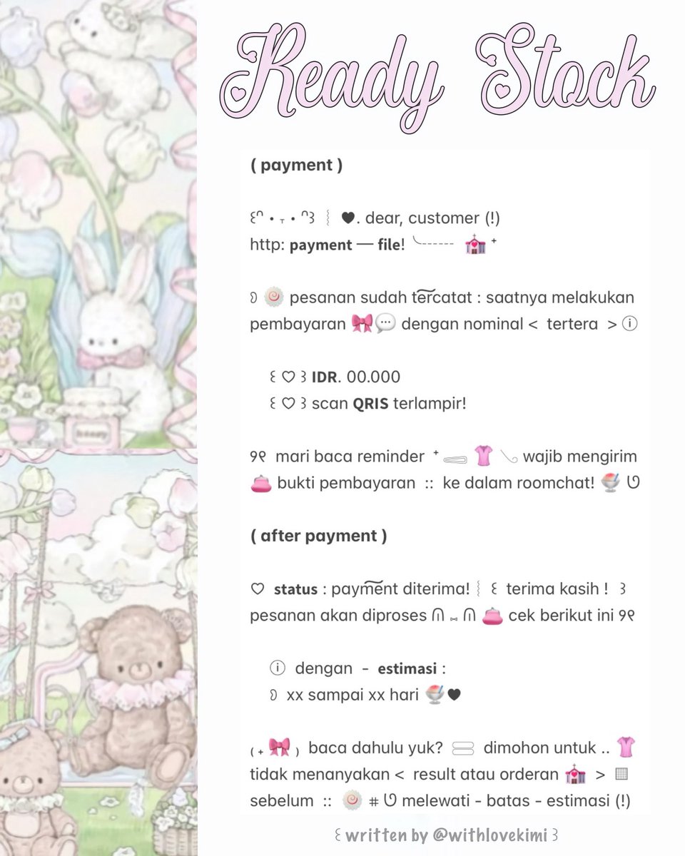 withlovekimi's tweet image. ⠀
⠀♥︎  ︴꒰⠀help retweet? arigatOu!⠀꒱
⠀╭──⠀#zonauang ୨୧

⠀Moshi⠀__⠀mOsh ?!⠀ready⠀stock⠀🦄
⠀🎀🍧 wording ::  payment  &amp;amp;  after pay
⠀siap⠀dibeli!⠀🍬 𓈈⠀sekarang!  :¨ ·.· ¨:
⠀ⓘ  ☆⠀harga:⠀IDR⠀10.000⠀coins⠀🥣

⠀꒰⠀꒱⠀⑅⠀kindly check ALT (!) 💭
⠀